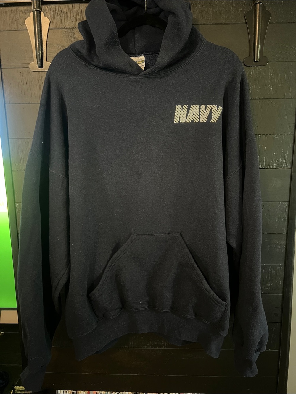 Navy Pullover Hoodie with Chest Graphic - Men's Casual Comfort